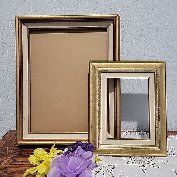 Pair Vtg MCM Wood Art Frames Linen lined holds 10x13 & 5x7 no glass Gallery Wall - Picture 1 of 13